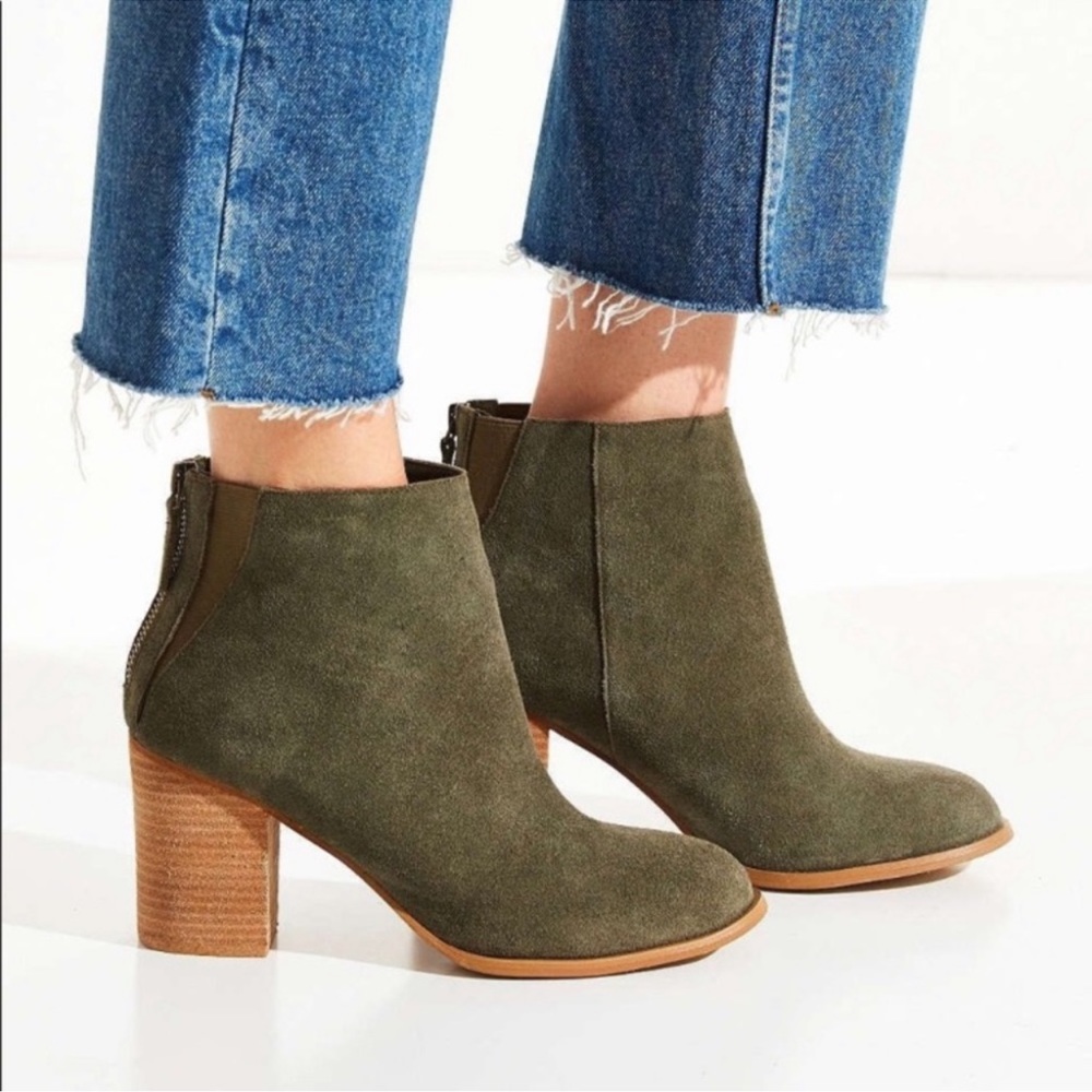 Urban Outfitters Suede Leather Moss Olive Suede Stacked Heeled Boot